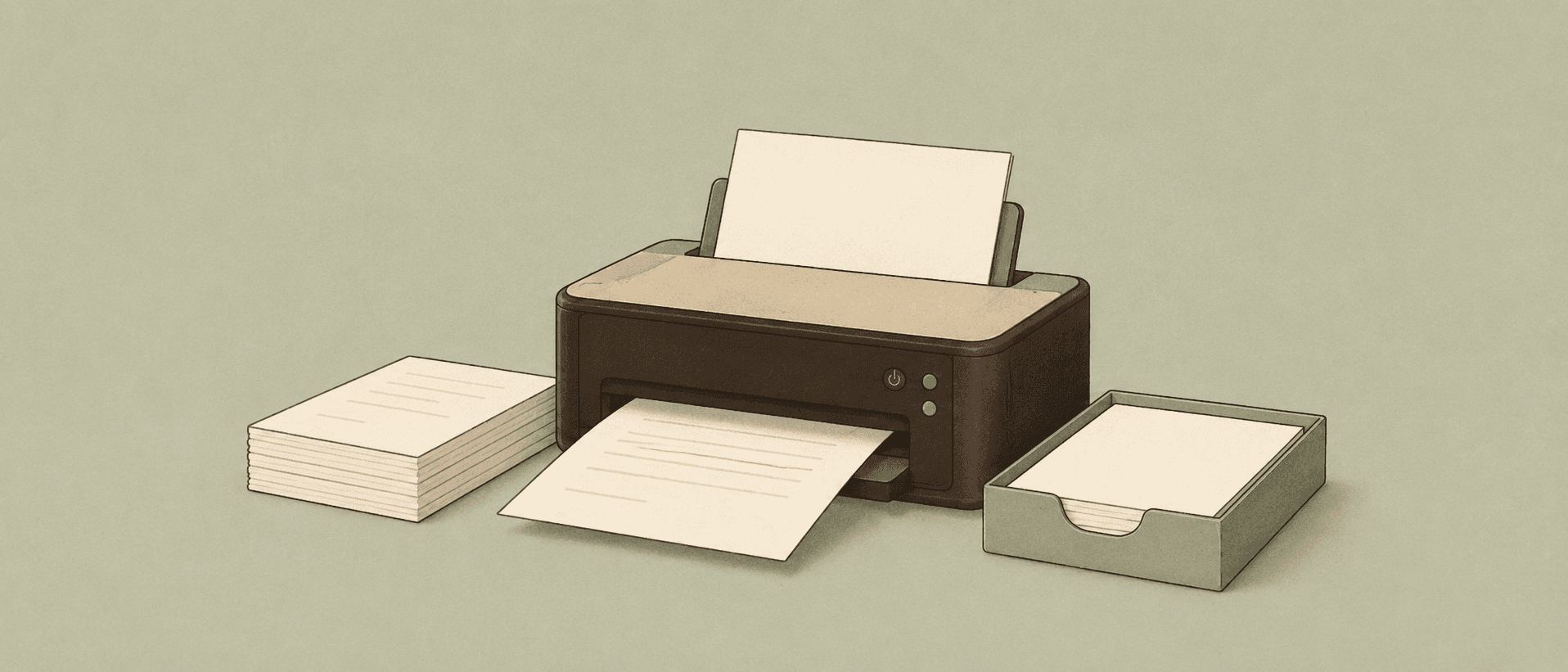 Illustration of a printer with paper trays and printed pages
