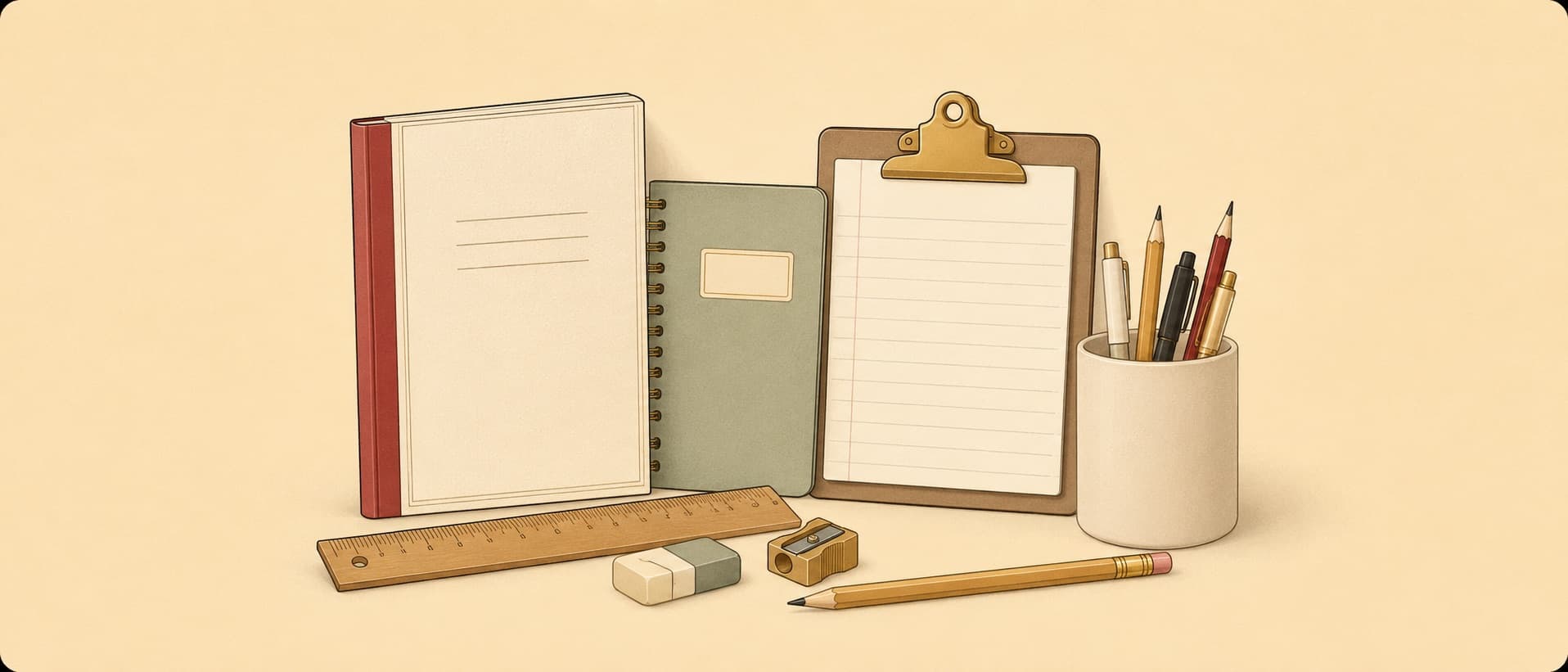 Illustration of school and office stationery with books, pencils and a clipboard
