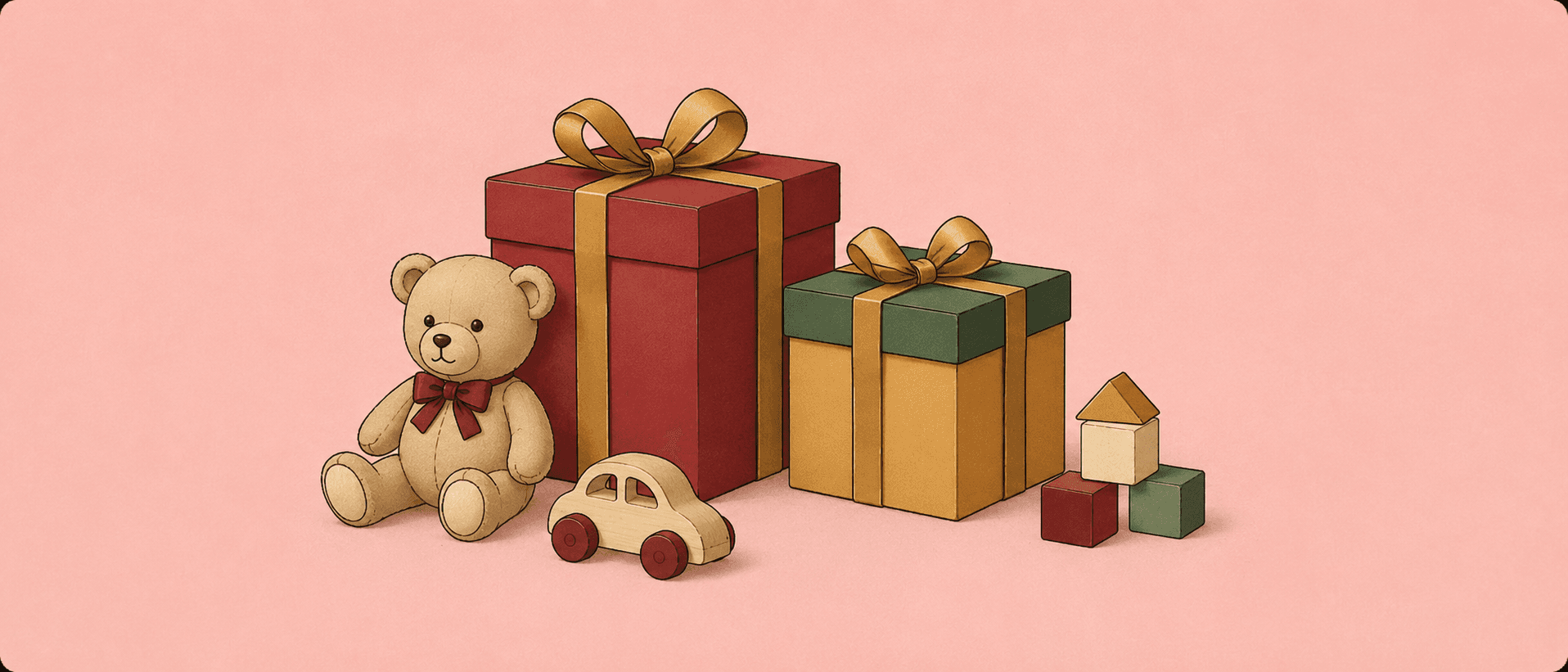 Illustration of wrapped gifts, toys, blocks and a teddy bear